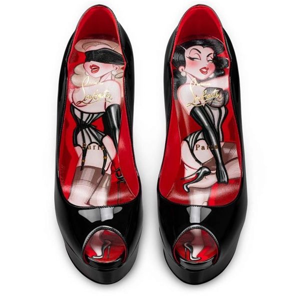 Christian Louboutin Chick Up plateformes 150 mm cuir verni noir/lin Porpora-multi – Image 2