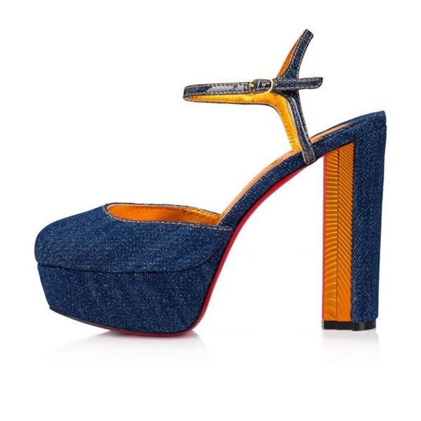 Christian Louboutin Coluna Pump plateformes 130 mm denim/lin Saba or tissu – Image 4