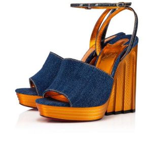 Christian Louboutin Mira Colunata plateformes 120 mm denim/lin Saba or/saba Gd tissu