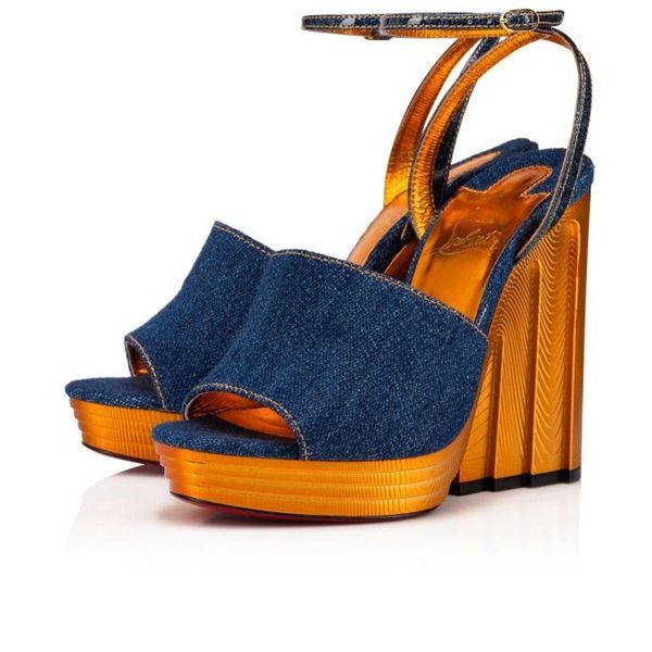 Christian Louboutin Mira Colunata plateformes 120 mm denim/lin Saba or/saba Gd tissu