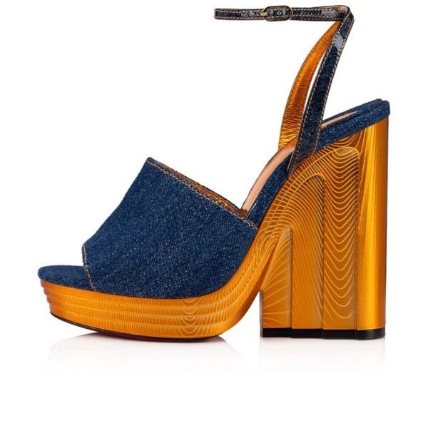 Christian Louboutin Mira Colunata plateformes 120 mm denim/lin Saba or/saba Gd tissu – Image 3