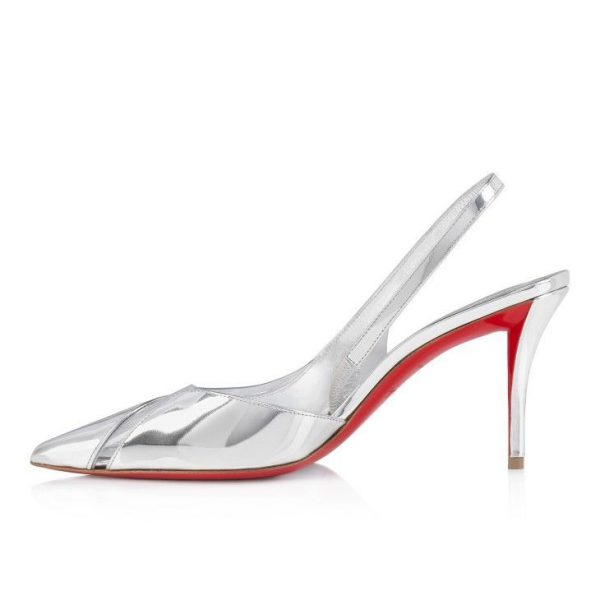 Christian Louboutin Posticha 80 mm Sling Back Escarpins Cuir Speccchio et PVC Argent – Image 2