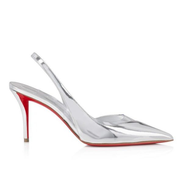Christian Louboutin Posticha 80 mm Sling Back Escarpins Cuir Speccchio et PVC Argent – Image 5