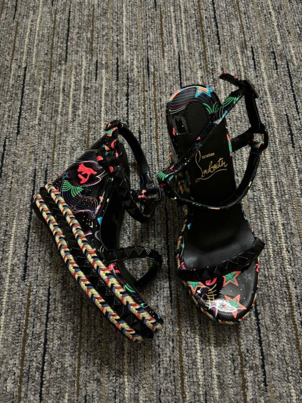 Christian Louboutin Pyraclou 110mm Compensées Sandales Starlight By Night Cuir Vernis Multicolore