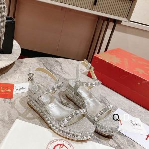 Christian Louboutin Pyraclou 60 mm Espadrilles Cuir Pailleté Argent