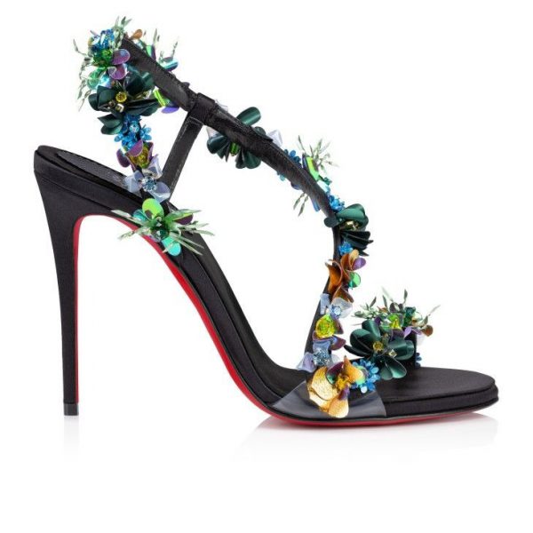 Christian Louboutin Rosalie Tropica 100 Mm Sandales en Crêpe Satiné Brodé, PVC et Cuir Noir – Image 2