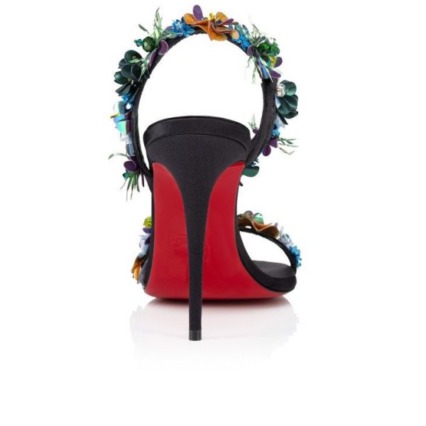 Christian Louboutin Rosalie Tropica 100 Mm Sandales en Crêpe Satiné Brodé, PVC et Cuir Noir – Image 3