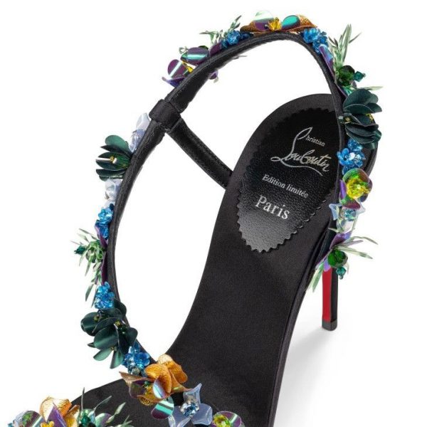 Christian Louboutin Rosalie Tropica 100 Mm Sandales en Crêpe Satiné Brodé, PVC et Cuir Noir – Image 5