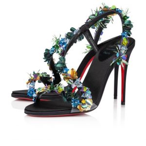Christian Louboutin Rosalie Tropica 100 Mm Sandales en Crêpe Satiné Brodé, PVC et Cuir Noir