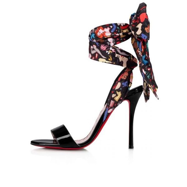 Sandale Christian Louboutin Fetish Du Désert 100 mm en vernis Noir multicolore/lin Verni Poupée – Image 2