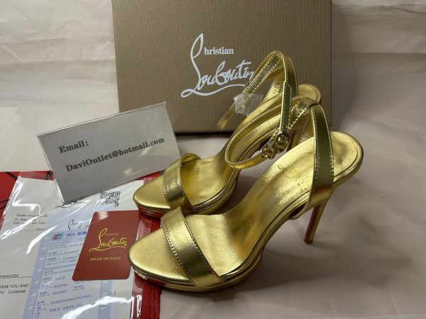 Sandale Christian Louboutin Loubi Queen 120 mm en cuir Bouton d'Or/lin Bouton d'Or – Image 5