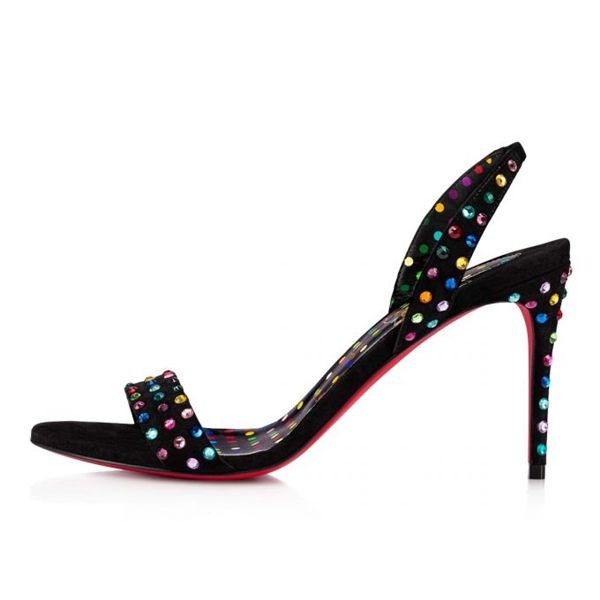 Sandale Christian Louboutin O Marylin Strass Boum 85 mm Noir/mixte Multicolore/lin Noir-multicolore Cuir Daim – Image 2