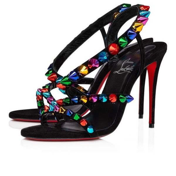 Sandale Christian Louboutin Spikita 100 mm Noir/multicolore/lin Noir Cuir suédé