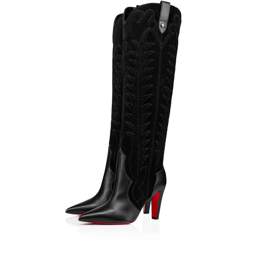 Christian Louboutin Santia Botta 85 mm Bottes Brodées en Cuir et Veau Velours Noir