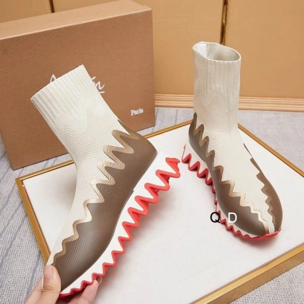 Christian Louboutin Sharky Sock Baskets Femme en Maille Blanc Marron – Image 2