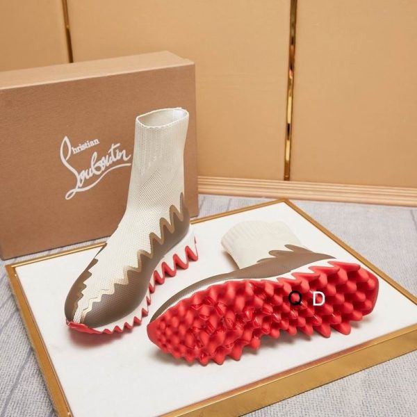 Christian Louboutin Sharky Sock Baskets Femme en Maille Blanc Marron – Image 4