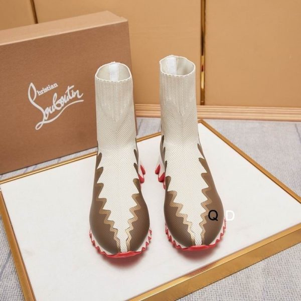 Christian Louboutin Sharky Sock Baskets Femme en Maille Blanc Marron – Image 5