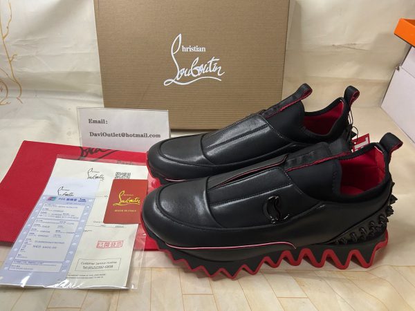 Christian Louboutin Sharkyloub SP Spikes Baskets Femme en Cuir de Veau, Néoprène et Clous Noir – Image 2