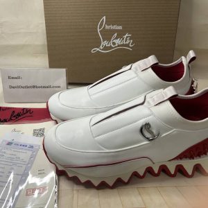 Christian Louboutin Sharkyloub SP Spikes Baskets Femme en Cuir de Veau, Néoprène et Clous Blanc