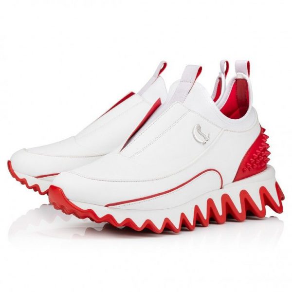 Christian Louboutin Sharkyloub SP Spikes Baskets Femme en Cuir de Veau, Néoprène et Clous Blanc – Image 3