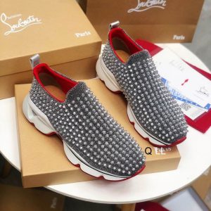 Christian Louboutin Baskets Femme Spike Sock Néoprène Argent