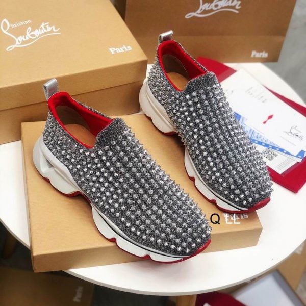 Christian Louboutin Baskets Femme Spike Sock Néoprène Argent