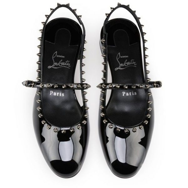 Christian Louboutin Sweet Janispikes Ballerines en Cuir Verni Noir – Image 4