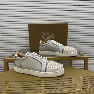 Christian Louboutin Vieira Spikes Baskets Basses Femme en Cuir Specchio et Cuir Pailleté Argent