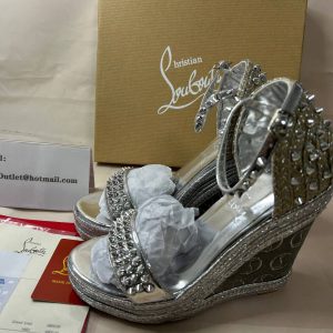 Christian Louboutin Compensée Madmonica 120 mm Argent/lin Argent Cuir