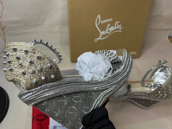 Christian Louboutin Compensée Madmonica 120 mm Argent/lin Argent Cuir – Image 3