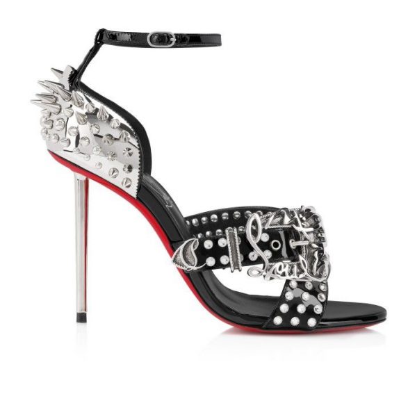 Christian Louboutin Wosandal Pic 100 Mm Sandales Cuir Vernis Et Clous Noir – Image 4