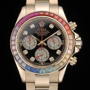 Rolex Daytona Cosmograph Lunette Arc-en-ciel Cristaux Bracelet Or Rose Cadran Noir 80251