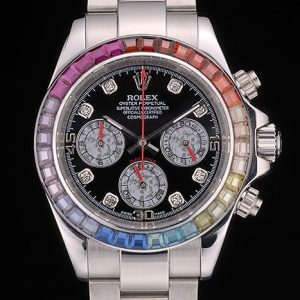 Rolex Daytona Cosmograph Lunette Cristaux Arc-en-ciel Bracelet Acier Steep Cadran Noir 80250