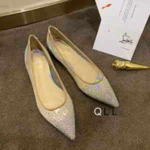 Christian Louboutin Ballerines Follies Strass Filet et Cuir Verni Argent