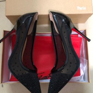 Christian Louboutin Escarpins Follies Strass Filet et Cuir Verni Noir