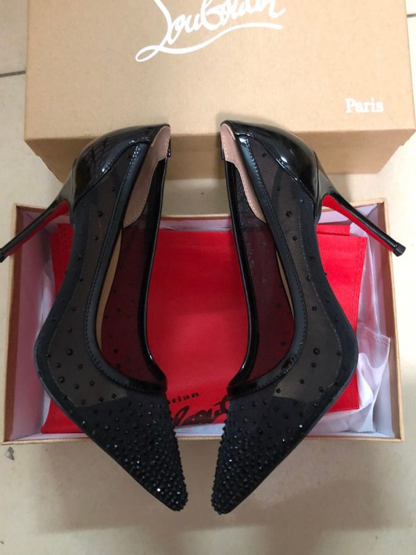 Christian Louboutin Escarpins Follies Strass Filet et Cuir Verni Noir
