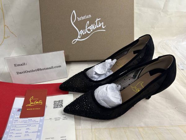 Christian Louboutin Escarpins Follies Strass Filet et Veau Velours Noir – Image 6