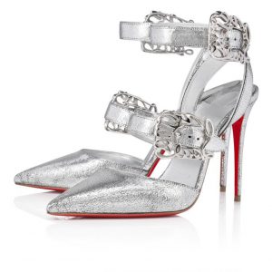Christian Louboutin Giddylina 100 mm Escarpins à Brides Cuir Laminé Manoir Argent