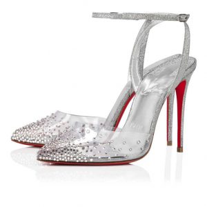 Christian Louboutin Spikaqueen 100 mm Escarpins PVC Cuir de Veau et Strass Argent