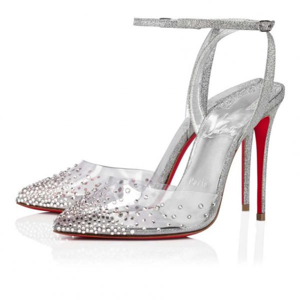 Christian Louboutin Spikaqueen 100 mm Escarpins PVC Cuir de Veau et Strass Argent