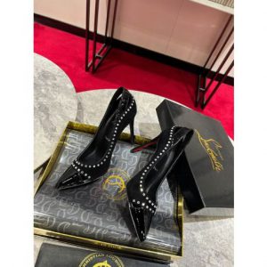 Christian Louboutin Escarpins Femme Strass Cristaux Cuir Verni et Daim Noir