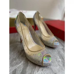 Christian Louboutin Very Strass Peep Toe Pumps 120mm Résille et Cuir Argent
