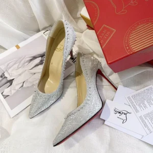 Christian Louboutin Anjalina Spike Escarpins 85mm Paillettes Argent