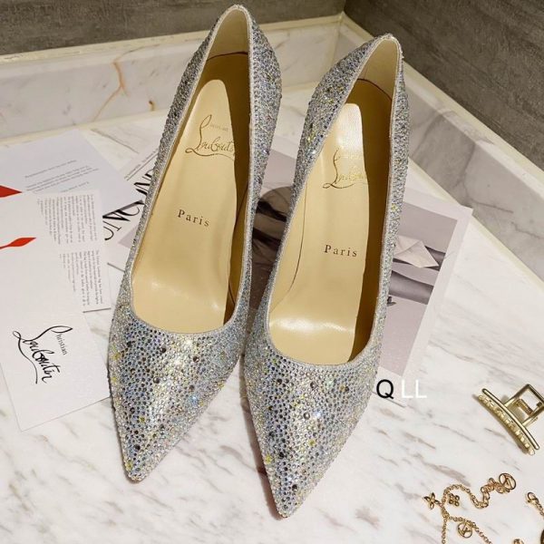 Christian Louboutin Escarpins Kate Strass Dégradé 100 mm Daim Argenté – Image 2