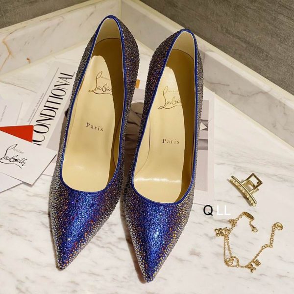 Christian Louboutin Escarpins Kate Strass Dégradé 100 mm Daim Bleu – Image 3