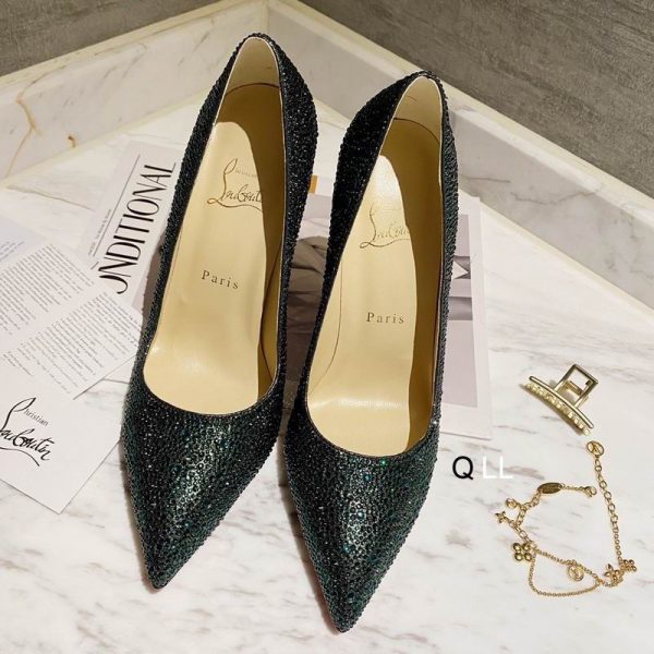 Christian Louboutin Escarpins Kate Strass Dégradé 100 mm Daim Vert – Image 3