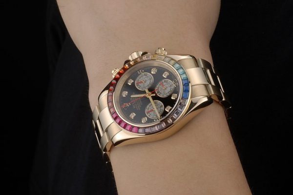 Rolex Daytona Cosmograph Lunette Arc-en-ciel Cristaux Bracelet Or Rose Cadran Noir 80251 – Image 9