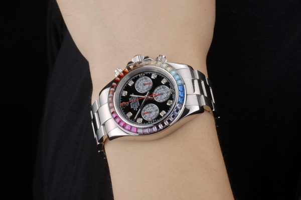 Rolex Daytona Cosmograph Lunette Cristaux Arc-en-ciel Bracelet Acier Steep Cadran Noir 80250 – Image 9