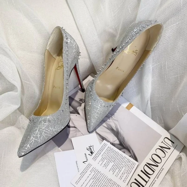 Christian Louboutin Anjalina Spike Escarpins 85mm Paillettes Argent – Image 2