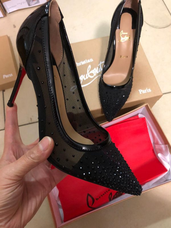 Christian Louboutin Escarpins Follies Strass Filet et Cuir Verni Noir – Image 2